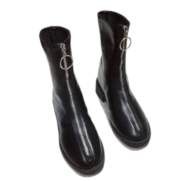 New Front Zipper Round Toe Chunky Heel All-match Mid-Cut Martin Boots - Picture 2 of 3